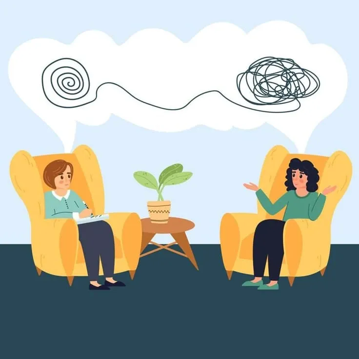 Ilustración de conversación entre dos personas durante una sesión de psicoterapia.