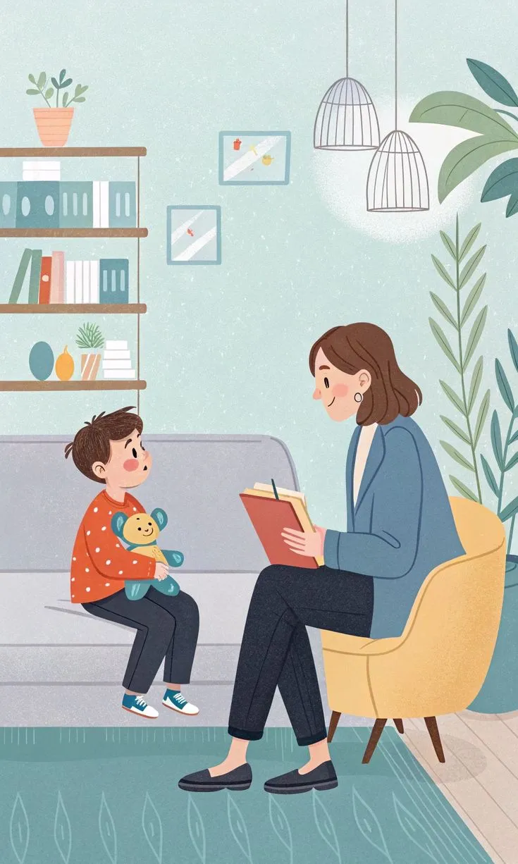 Ilustración de sesión terapéutica con una niña o niño pequeño junto a la psicóloga.