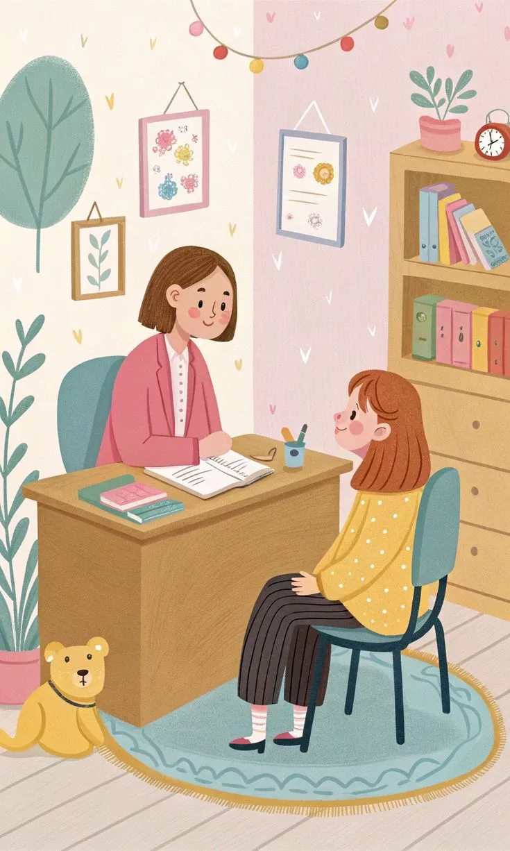 Ilustración representando un espacio de psicoterapia para adolescentes.